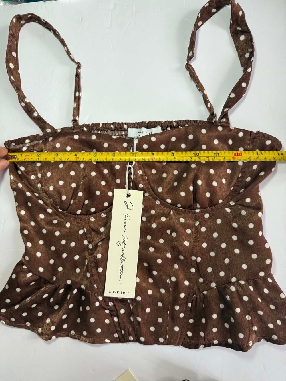 Brown Polka Dot Satin Corset Style Crop Top & Maxi Skirt Matching Set - Size S - Picture 3 of 10